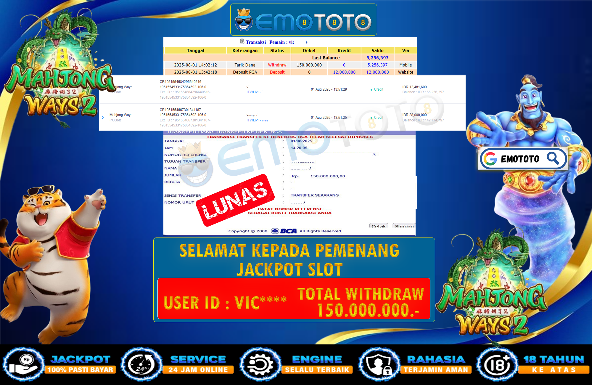 EMOTOTO : BUKTI JACKPOT MEMBER PERMAINAN SLOT PG SOFT (MAHJONG WAYS 2 ) RP 150.000.000 DI BAYAR LUNAS LANGSUNG KE REKENING MEMBER